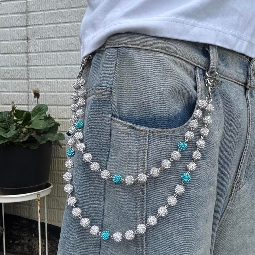 White & Blue Beaded Wallet Chain